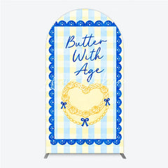 Lofaris Blue and Yellow Gingham Heart Butter With Age Round Top Arch Backdrop Elegant Birthday Party Decor