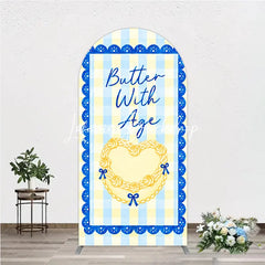 Lofaris Blue and Yellow Gingham Heart Butter With Age Round Top Arch Backdrop Elegant Birthday Party Decor