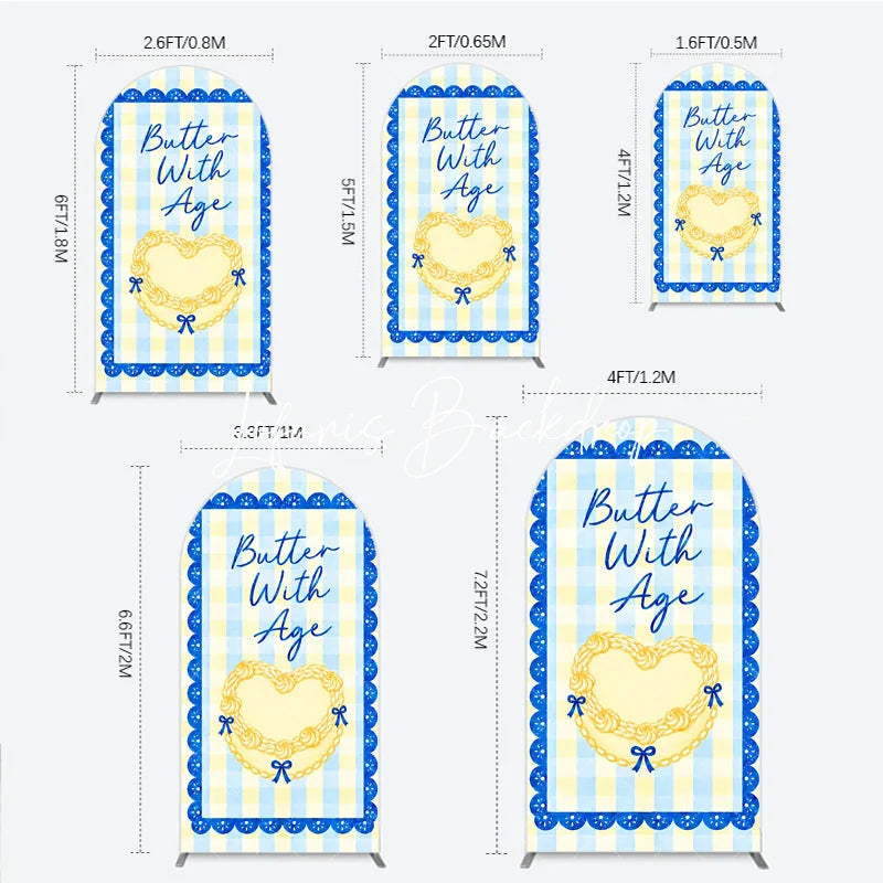 Lofaris Blue and Yellow Gingham Heart Butter With Age Round Top Arch Backdrop Elegant Birthday Party Decor