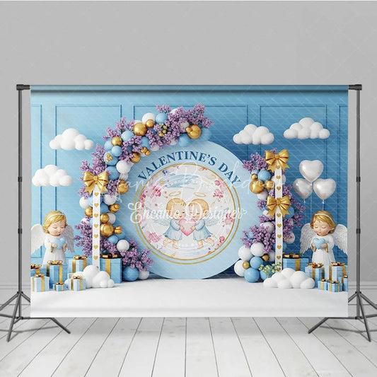 Lofaris Blue Angel Valentine Day Backdrop Cute Cherubs Holding Heart Floral Background Baby Shower Photography Prop
