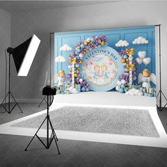 Lofaris Blue Angel Valentine Day Backdrop Cute Cherubs Holding Heart Floral Background Baby Shower Photography Prop
