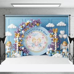 Lofaris Blue Angel Valentine Day Backdrop Cute Cherubs Holding Heart Floral Background Baby Shower Photography Prop
