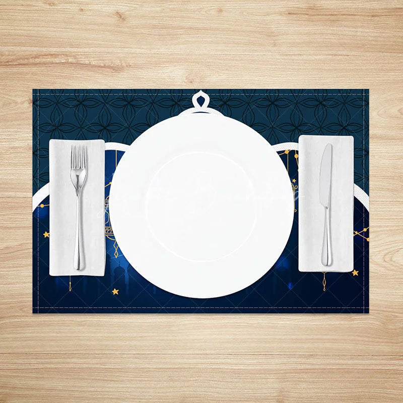 Lofaris Blue Arch Ramadan Set of 4 Placemats Golden Moon and Hanging Lanterns Eid Mubarak Dining Table Mats