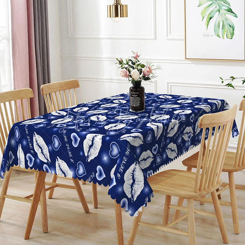 Lofaris Blue Background White Kiss Lip Rectangle Tablecloth I Love You Text Print Modern Romantic Dining Decor