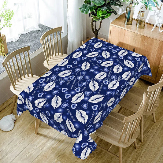 Lofaris Blue Background White Kiss Lip Rectangle Tablecloth I Love You Text Print Modern Romantic Dining Decor
