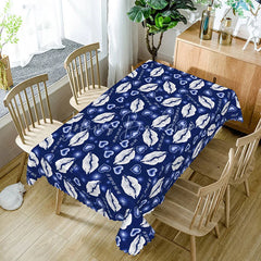 Lofaris Blue Background White Kiss Lip Rectangle Tablecloth I Love You Text Print Modern Romantic Dining Decor