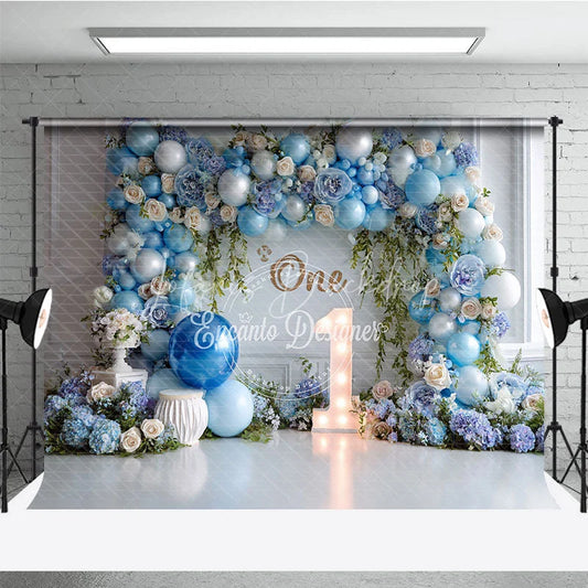 Lofaris Blue Balloon and Floral First Birthday Photography Backdrop Elegant Baby Shower Party Decor