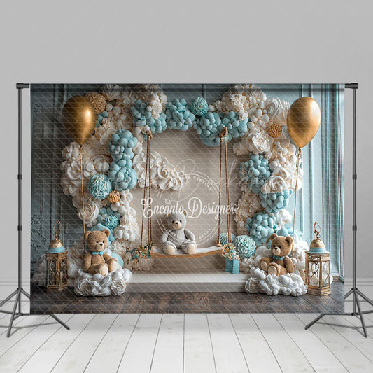 Lofaris Blue Balloon Wall Bear Cake Smash Photo Backdrop