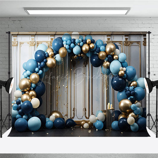 Lofaris Blue Balloons Arch White Gold Wall Photo Backdrop