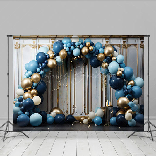 Lofaris Blue Balloons Arch White Gold Wall Photo Backdrop