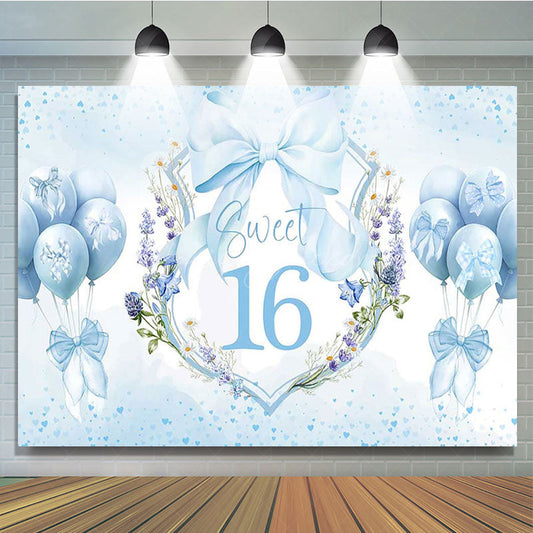 Lofaris Blue Balloons Bow Floral Sweet 16 Birthday Backdrop