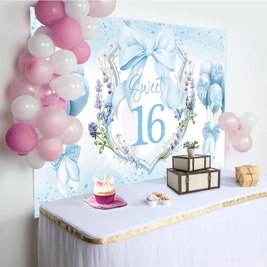 Lofaris Blue Balloons Bow Floral Sweet 16 Birthday Backdrop