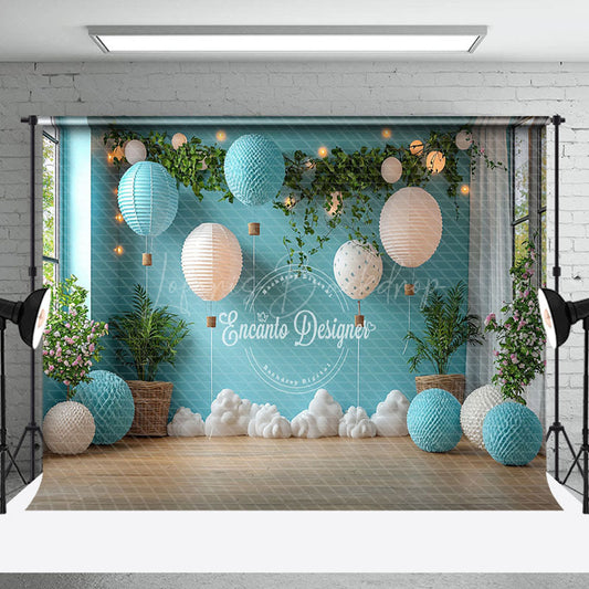 Lofaris Blue Balloons Greenery Clouds Cake Smash Backdrop