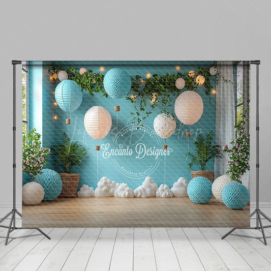 Lofaris Blue Balloons Greenery Clouds Cake Smash Backdrop