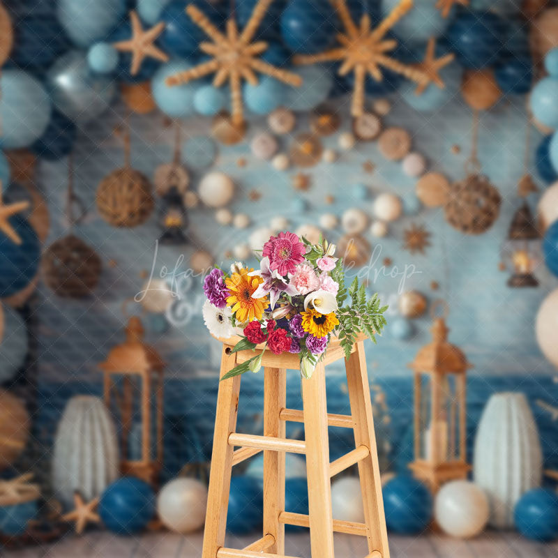 Lofaris Blue Balloons Shells Navigation Cake Smash Backdrop