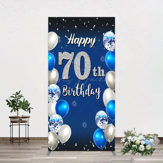 Lofaris Blue Balloons Silver 70Th Birthday Rectangle Backdrop