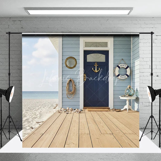 Lofaris Blue Beach House Nautical Anchor Door Photography Backdrop Wooden Deck and Ocean Seaside Decor