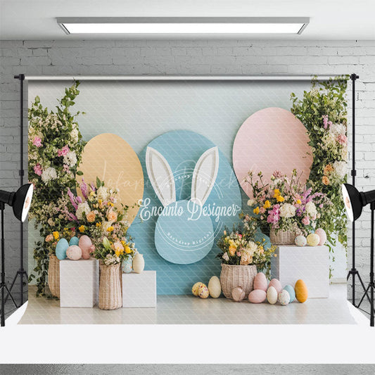 Lofaris Blue Bunny Ear Floral Eggs Easter Photo Backdrop