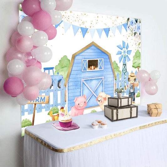 Lofaris Blue Cartoon Farm Flags Floral Birthday Backdrop