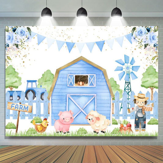 Lofaris Blue Cartoon Farm Flags Floral Birthday Backdrop