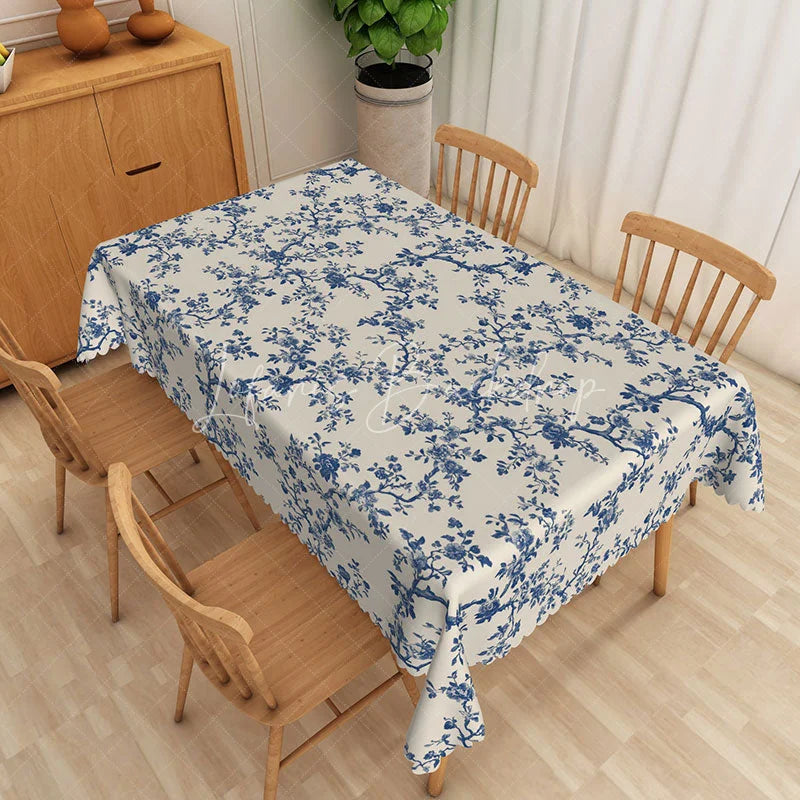 Lofaris Blue Chinoiserie Floral Rectangle Tablecloth Vintage Tree Branch Dining Table Cover for Event