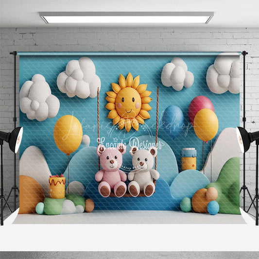 Lofaris Blue Cloud Mountain Swing Bear Cake Smash Backdrop