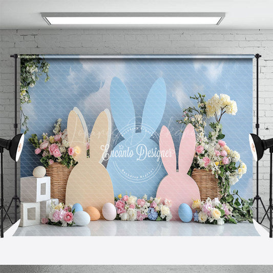 Lofaris Blue Cloud Wall Bunny Ear Floral Eggs Easter Backdrop