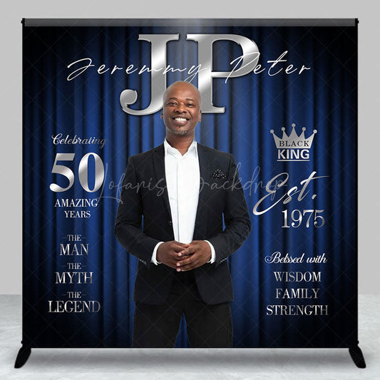 Lofaris Blue Curtain Custom Name Photo 50th Birthday Backdrop