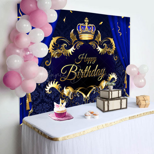 Lofaris Blue Curtain Royal Crown Ribbons Birthday Backdrop