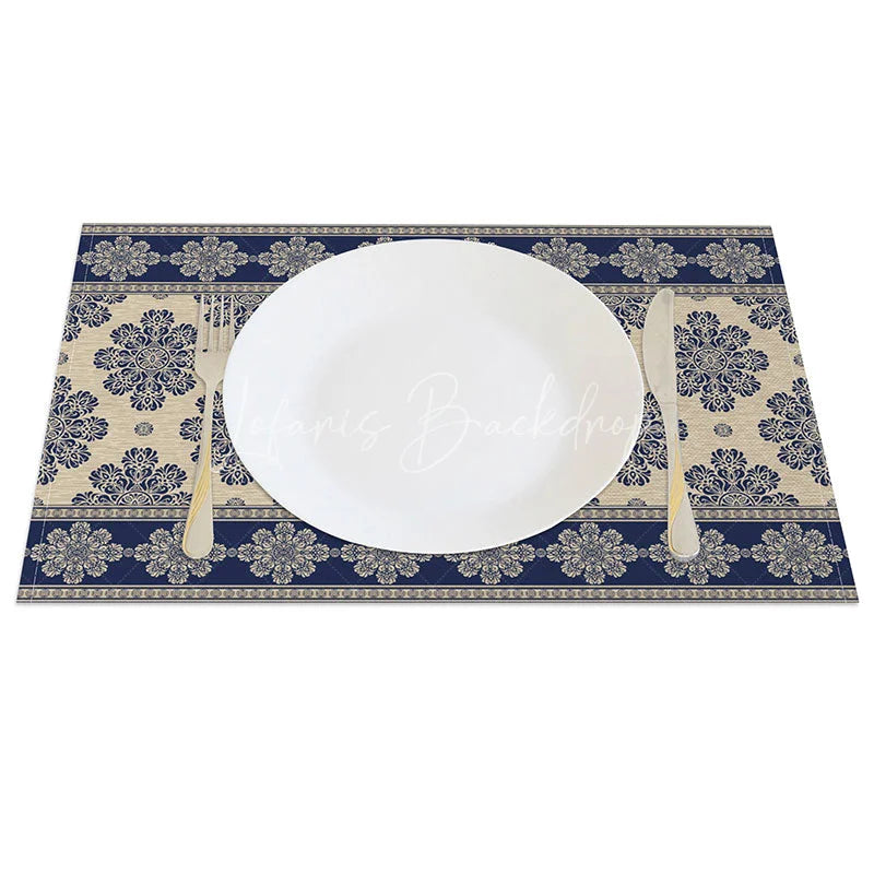 Lofaris Blue Damask Set of 4 Placemats Vintage Paisley Floral Pattern Elegant Beige Border Table Mats