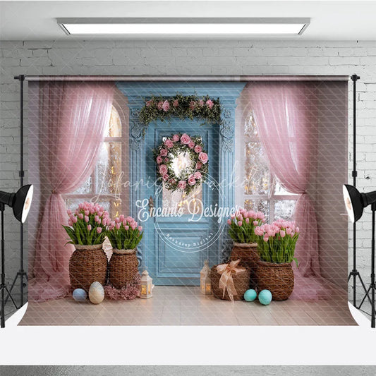 Lofaris Blue Door Pink Tulips Easter Photography Backdrop Rose Wreath and Tulle Curtains Studio Background