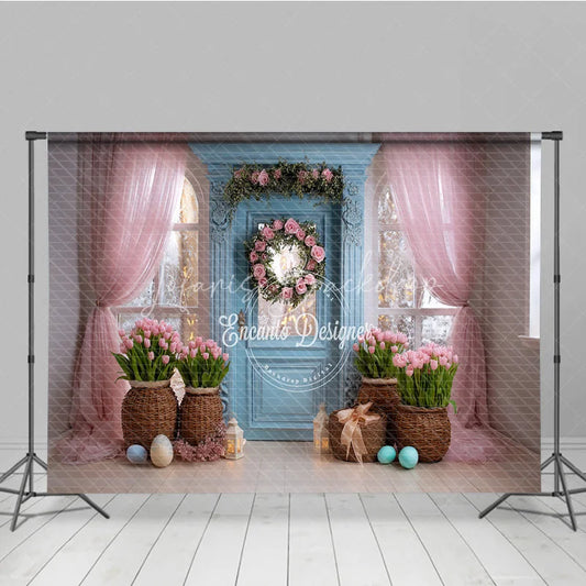 Lofaris Blue Door Pink Tulips Easter Photography Backdrop Rose Wreath and Tulle Curtains Studio Background