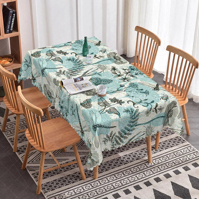 Lofaris Blue Dragonfly Rectangle Tablecloth Botanical Garden Floral and Insects Spring Summer Outdoor Dining Decor