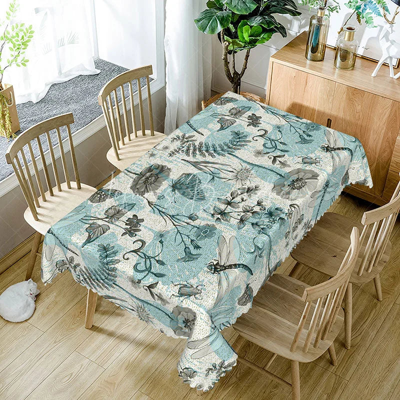 Lofaris Blue Dragonfly Rectangle Tablecloth Botanical Garden Floral and Insects Spring Summer Outdoor Dining Decor