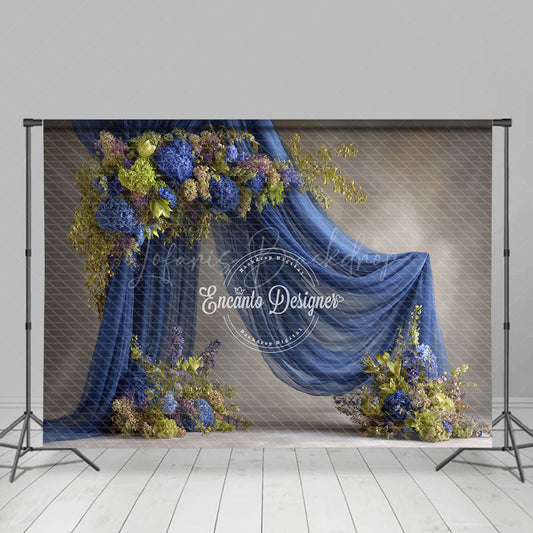 Lofaris Blue Draped Fabric Arch Photography Backdrop Green Hydrangea Floral Decor Elegant Maternity Photo Background