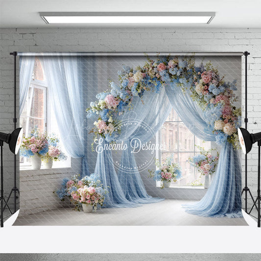 Lofaris Blue Draped Wedding Arch Photography Backdrop Pink and White Floral Decor Romantic Indoor Ceremony Background