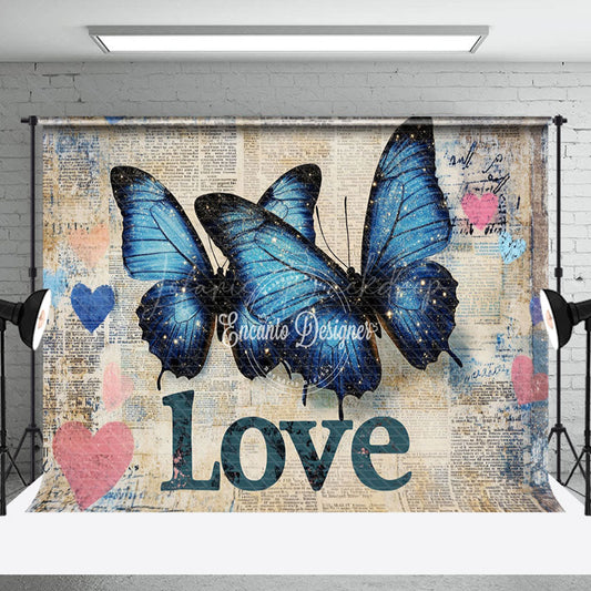 Lofaris Blue Elegant Butterfly Retro Newspaper Backdrop