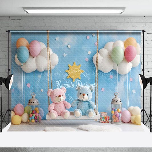 Lofaris Blue Fairy Swing Bear Balloons Cake Smash Backdrop