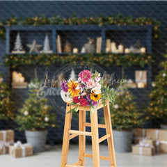 Lofaris Blue Farmhouse Hutch Christmas Photography Backdrop Neutral Holiday Decor with Trees Modern Rustic Background