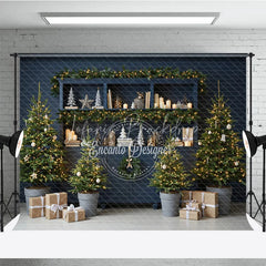 Lofaris Blue Farmhouse Hutch Christmas Photography Backdrop Neutral Holiday Decor with Trees Modern Rustic Background