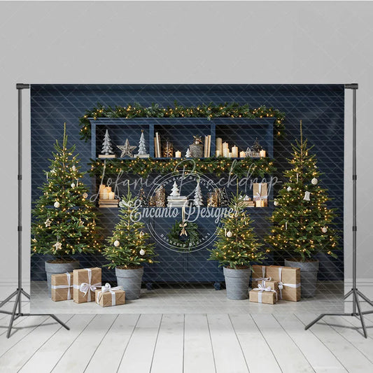 Lofaris Blue Farmhouse Hutch Christmas Photography Backdrop Neutral Holiday Decor with Trees Modern Rustic Background