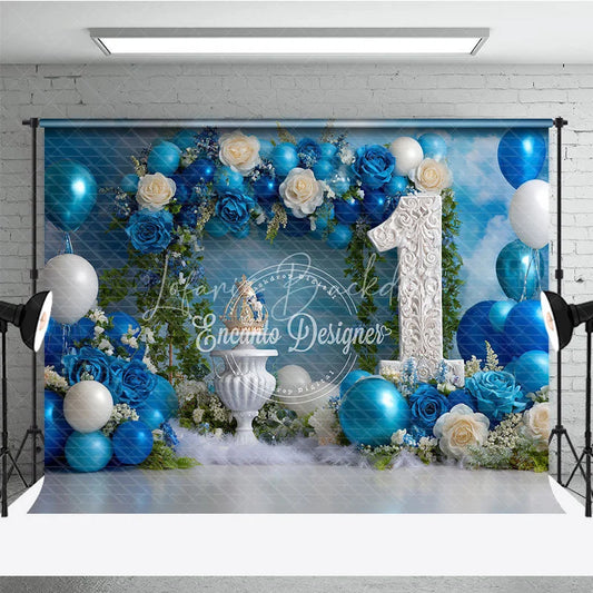 Lofaris Blue Floral and Balloon First Birthday Photography Backdrop Elegant Royal Party Decor