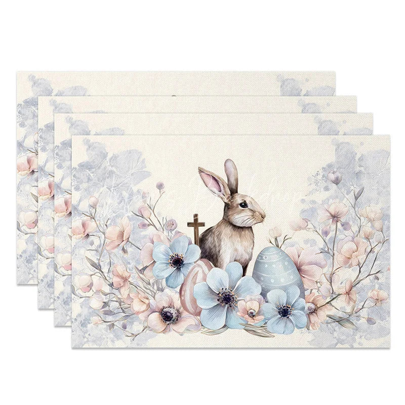 Lofaris Blue Floral Cross Easter Bunny Set of 4 Placemats Religious Rabbit Egg Table Mats for Holy Day