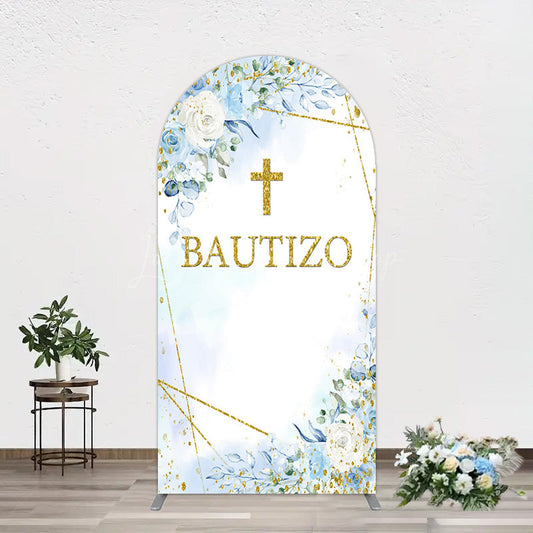 Lofaris Blue Floral Gold Cross Bautizo Baptism Arch Backdrop