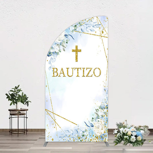 Lofaris Blue Floral Gold Cross Bautizo Baptism Half Moon Arch Backdrop