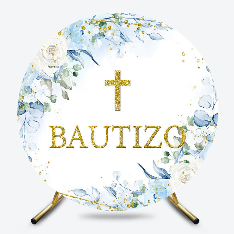 Lofaris Blue Floral Gold Cross Glitter Round Baptism Backdrop