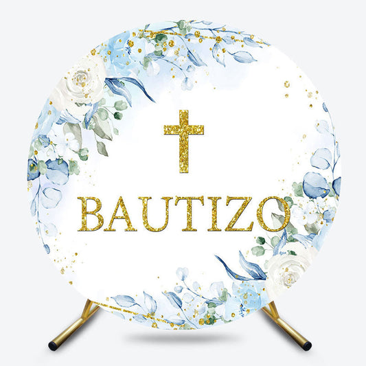 Lofaris Blue Floral Gold Cross Glitter Round Baptism Backdrop