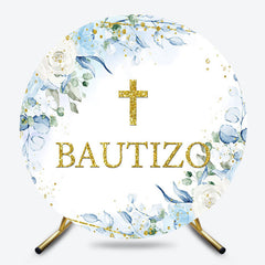 Lofaris Blue Floral Gold Cross Glitter Round Baptism Backdrop