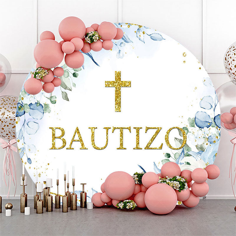 Lofaris Blue Floral Gold Cross Glitter Round Baptism Backdrop