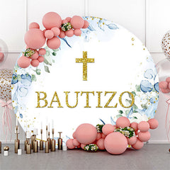Lofaris Blue Floral Gold Cross Glitter Round Baptism Backdrop